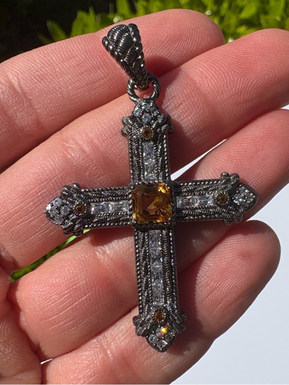 Judith Ripka 925 CZ Sterling Silver Cross Pendant Gunmetal Enhancer pendant - Picture 7 of 17